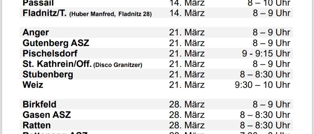 AGRAR-Foliensammlung 2026. Termine in Passail, Anger, Gutenberg ASZ, Pischelsdorf, St. Kathrein/Off, Stubenberg und Weiz. Zeiten von 8 bis 10 Uhr. Saubere weiße Foliensäcke willkommen.