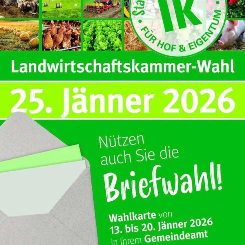 Poster for the agricultural chamber election on January 25, 2026. Features various farm images and a green envelope. Voting period is from January 13 to 20, 2026.