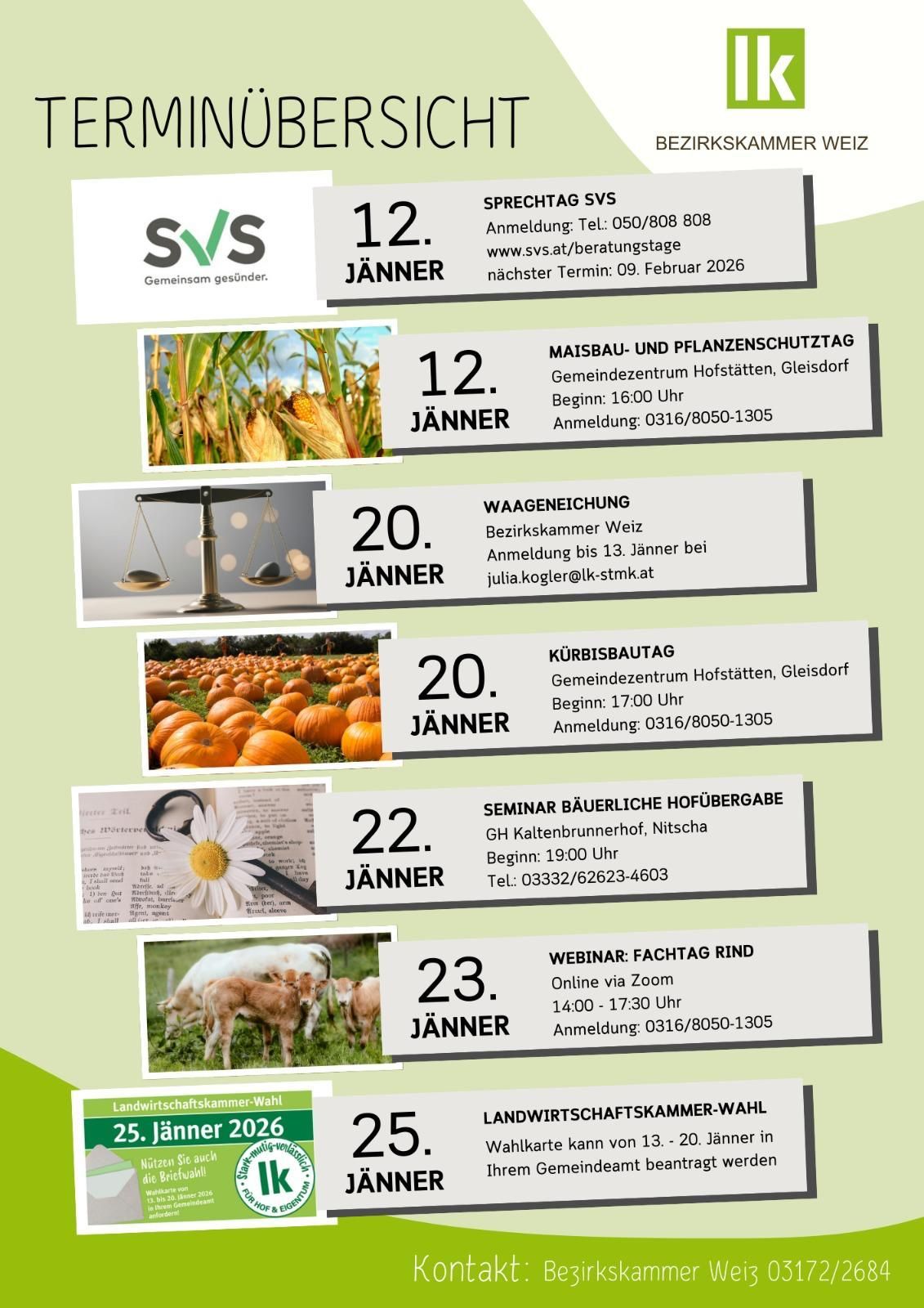 Poster with various events for January. Includes: Speech Day, Corn and Plant Protection Day, Weighing Day, Pumpkin Harvest Day, Farmers' Night, Online Webinar, and Chamber Election. Details include dates, times, and registration information.