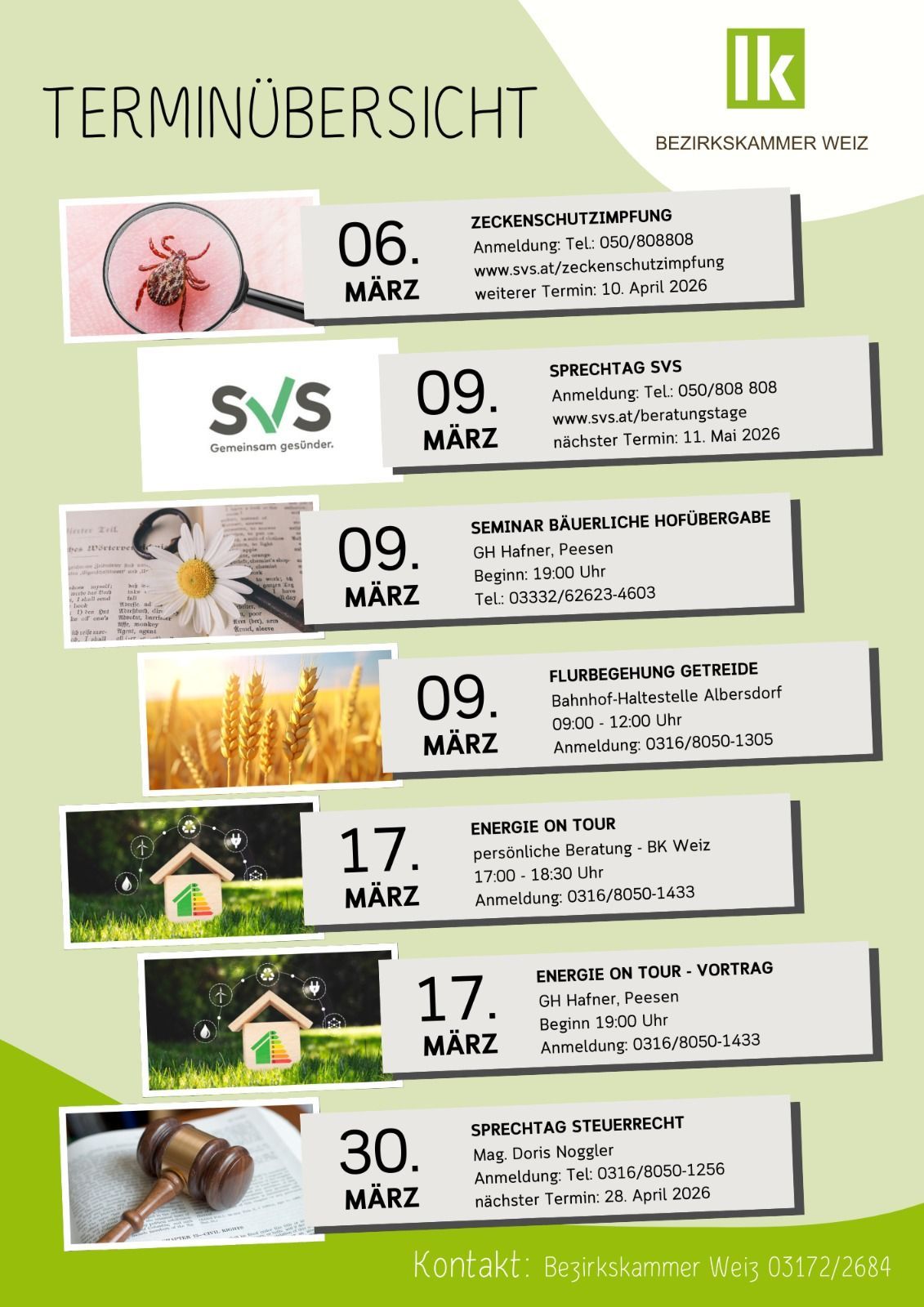 Event flyer with five event listings. Dates range from March 6 to March 17. Each event has details like location, date, time, and contact information. Events include tick vaccination, SVS talk, seminar, flight guidance, and energy tours.