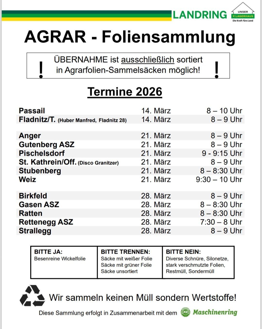 The image shows a schedule for the 2026 AGRAR foliage collection with specific dates and times for each location. It includes Passail, Fladnitz, Anger, Gutenberg, Pischelsdor, St. Kathrein, Stubenberg, Weiz, Birkfeld, Gasen, Ratten, Rettegg, and Strallegg. It also indicates what materials to bring and what not to bring.