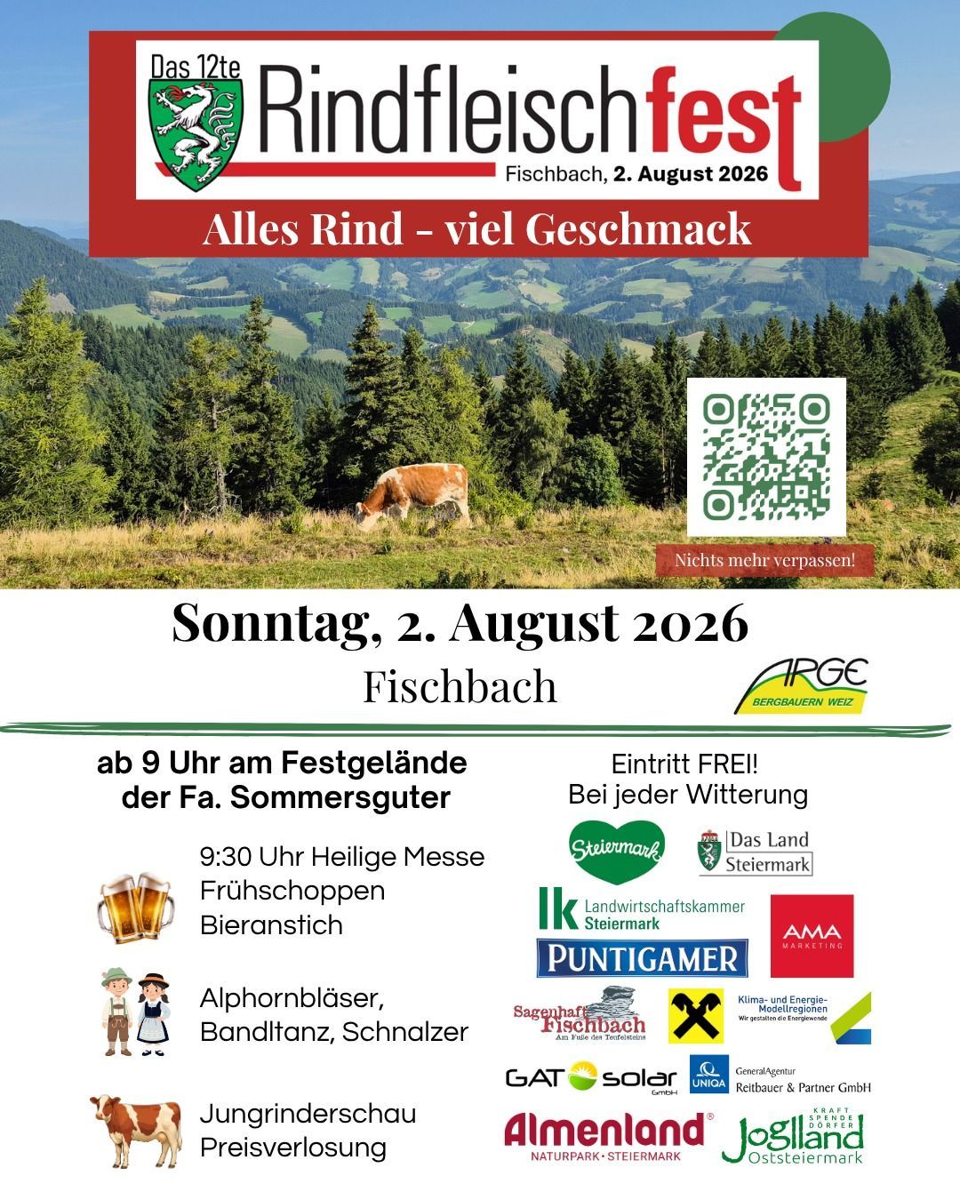 Rindfleischfest Fischbach am 2. August 2026 mit Programm und Sponsoren
