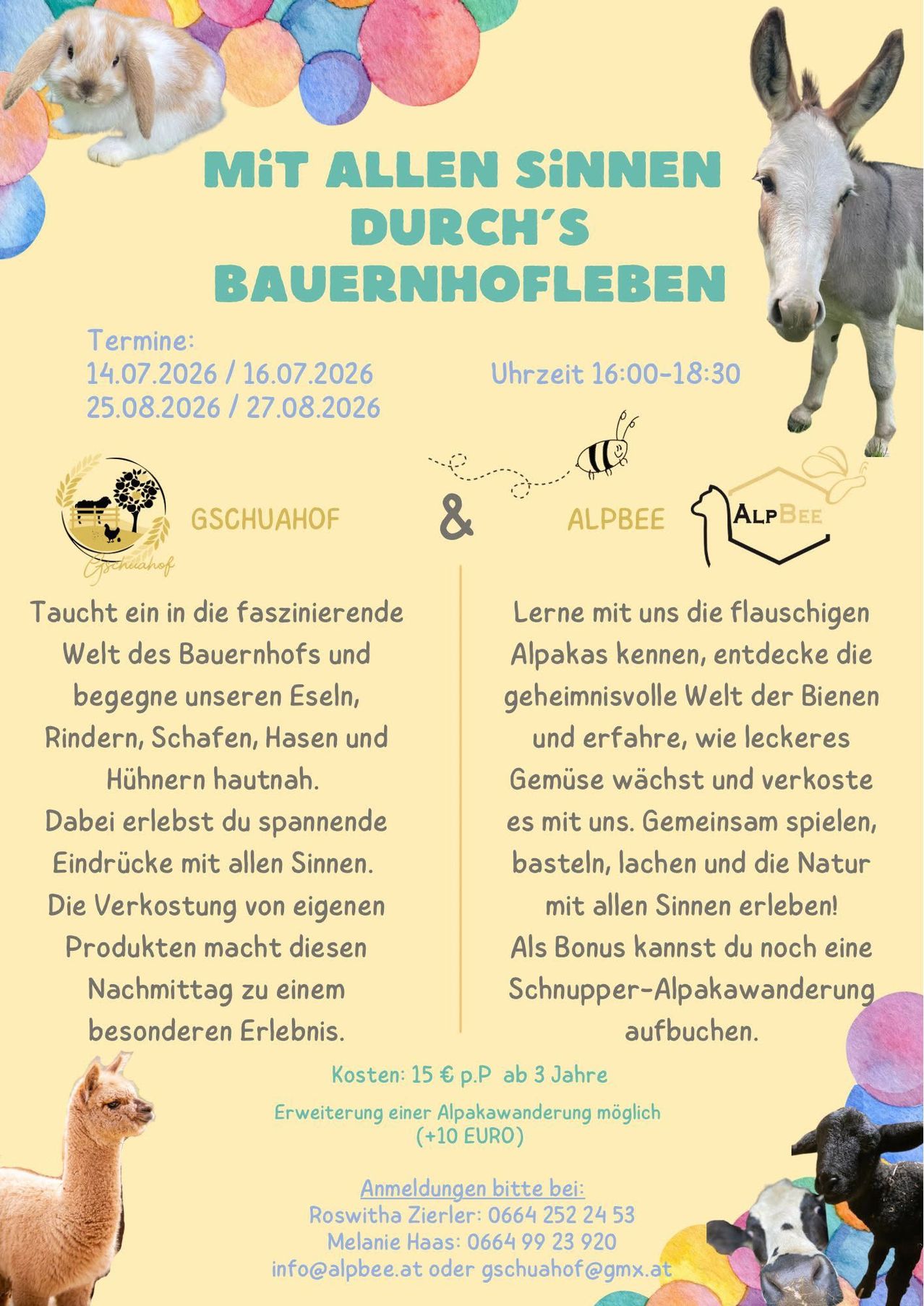 Join Durch's Bauernhofleben at Gschuahof & Alpbee. Explore farm life, meet animals, and learn about growing vegetables. Experience a day filled with activities, crafts, and nature. Cost: 15€ per person. Book a farm adventure as a bonus.