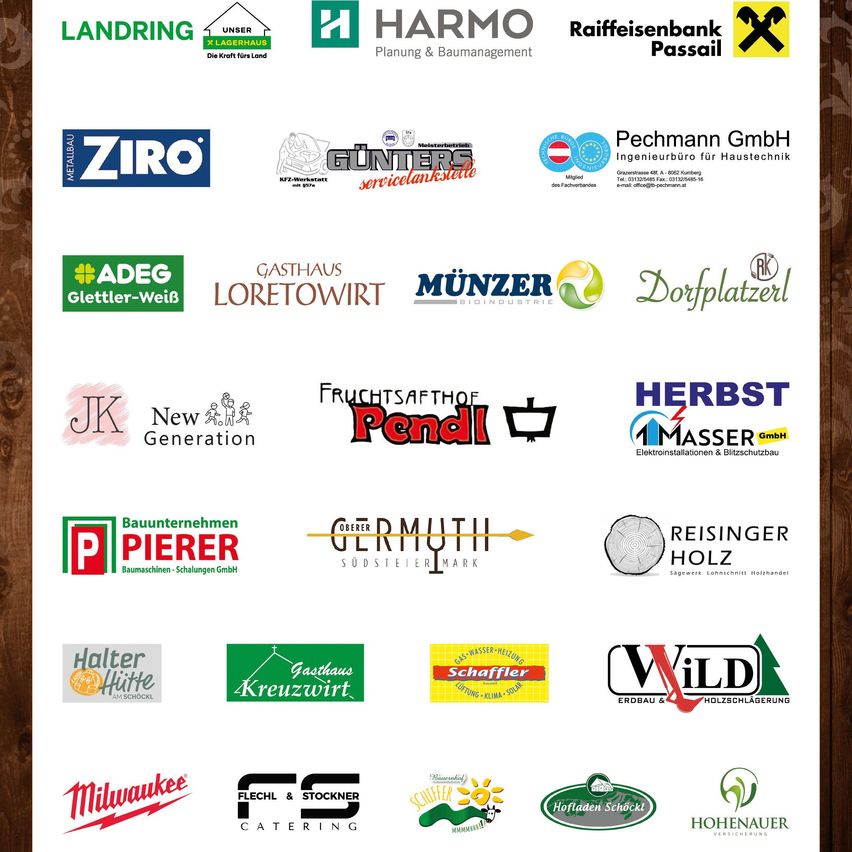Eine Sammlung von Logos verschiedener Unternehmen, darunter Landring, HARMO, ZIRO, GÃ¼nter servicelankestelle, Pechmann GmbH, ADEG, Gasthaus Loretowirt, MÃ¼nzer, Dorfplatzerl, JK, New Generation, Fruchtsafthof, Pendl, Herbst, Masser GmbH, P Bauunternehmen, Pierer, Germuthi, Reisinger Holz, Halter HÃ¼tte, Gashaus Kreuzwirt, Gas Wasser Heizung, Schaffler, Wild HolzschÃ¤lerung, Milwaukee, Flecht & Stockner Catering und Hohenauer Versicherungs AG.