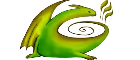 Ein grüner Drache mit großen Flügeln liegt auf weißem Hintergrund und atmet ein grünes Spiralmuster aus.