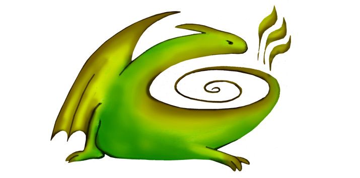 Ein grüner Drache mit großen Flügeln liegt auf weißem Hintergrund und atmet ein grünes Spiralmuster aus.
