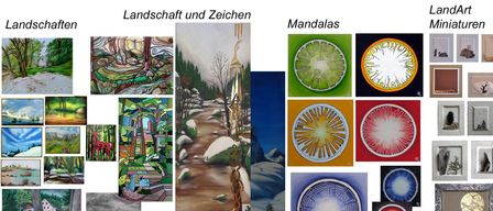 Eine Sammlung verschiedener Kunstwerke umfasst Landschaften, symbolische Zeichnungen und Mandalas. Die Sammlung zeigt leuchtende Farben und komplizierte Designs.