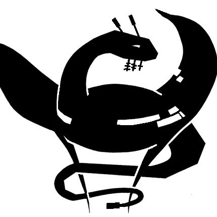 Eine schwarz-weiße Illustration einer Schlange mit menschlichem Gesicht, die in ihren eigenen Schwanz beißt.