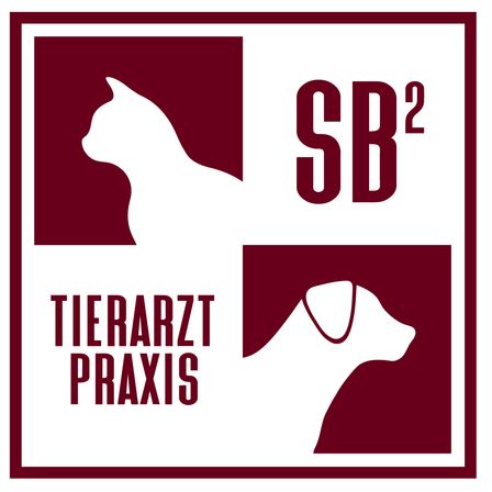 Ein quadratisches Logo zeigt eine Katze und einen Hund in den Ecken, mit dem Text 'SB2 Tierarzt Praxis' in der Mitte.