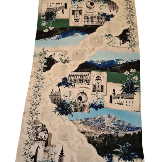 Eine Collage verschiedener Gebäude und Landschaften, einschließlich Berge und Blumen, in einem vertikalen Muster angeordnet.