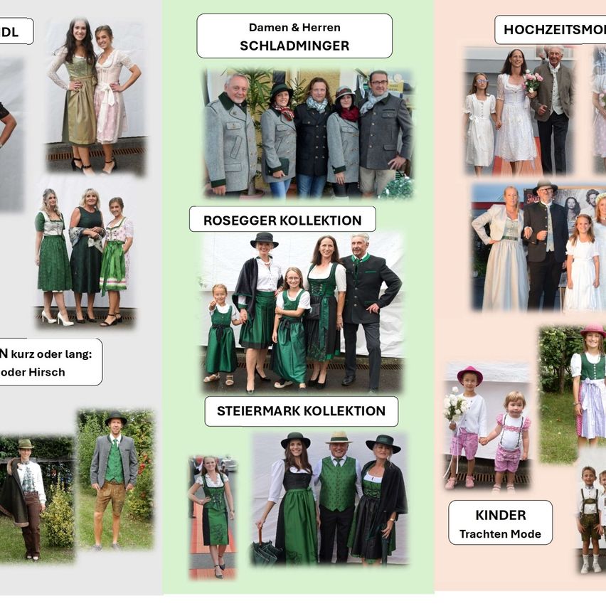 Bilder von Menschen in traditioneller deutscher Kleidung, einschließlich Braut, Bräutigam und Kindern, zusammen mit Kategorien wie Hochzeitsmode, Rosegger Kollektion und Steiermark Kollektion.