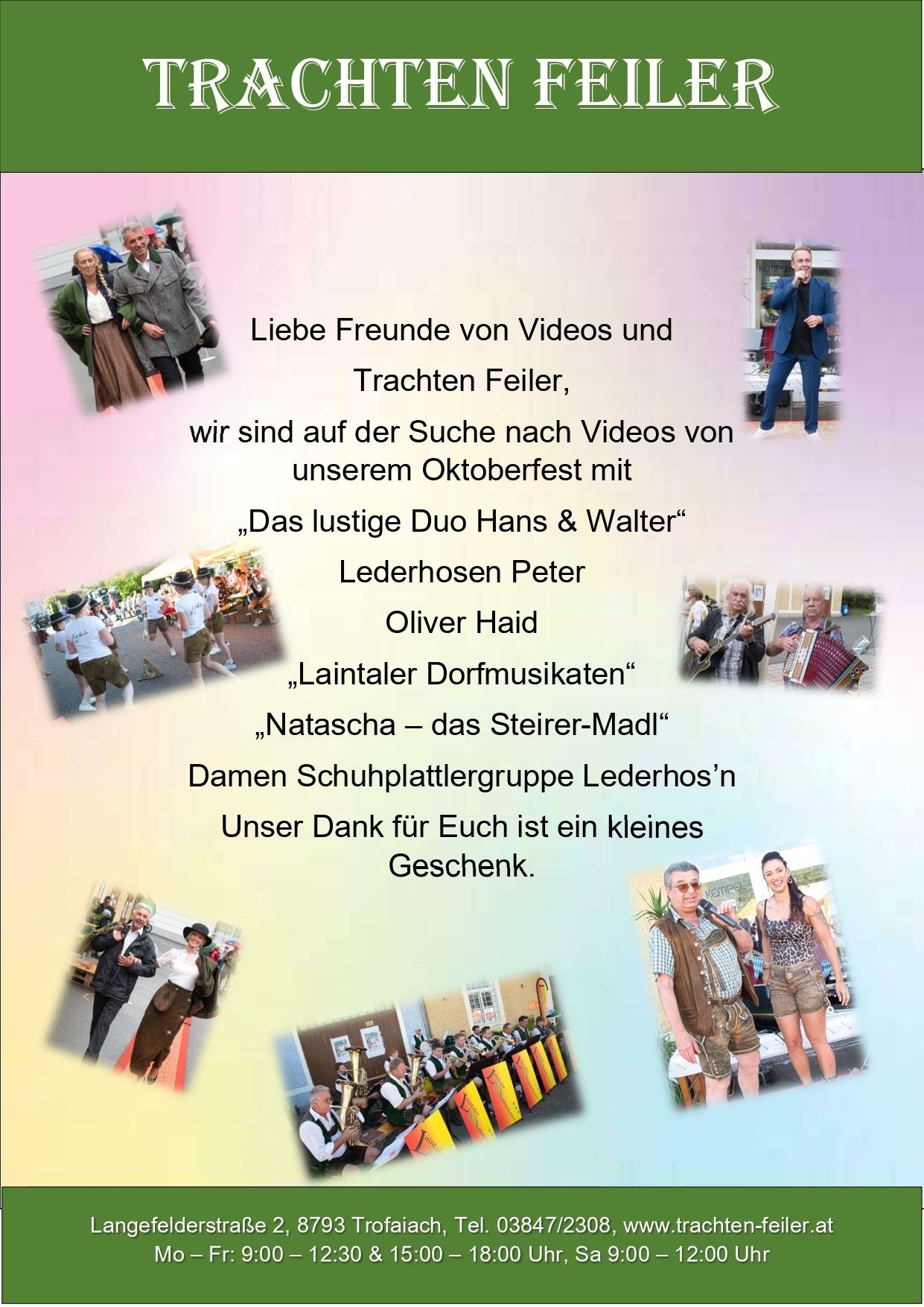 Ein Plakat mit einer Gruppe von Menschen, darunter Hans & Walter, Peter, Oliver und Natascha, zur Förderung eines Oktoberfestes mit musikalischen Auftritten und einem Geschenk.