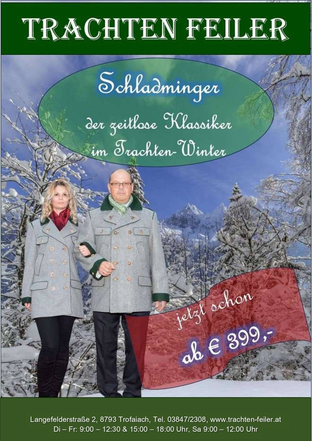 Ein Mann und eine Frau stehen in einer verschneiten Landschaft. Der Mann trägt eine Brille und einen Schal, während die Frau einen roten Schal trägt. Sie sind beide in Wintermänteln gekleidet. Unter ihnen befindet sich ein roter Banner mit Text und Zahlen.