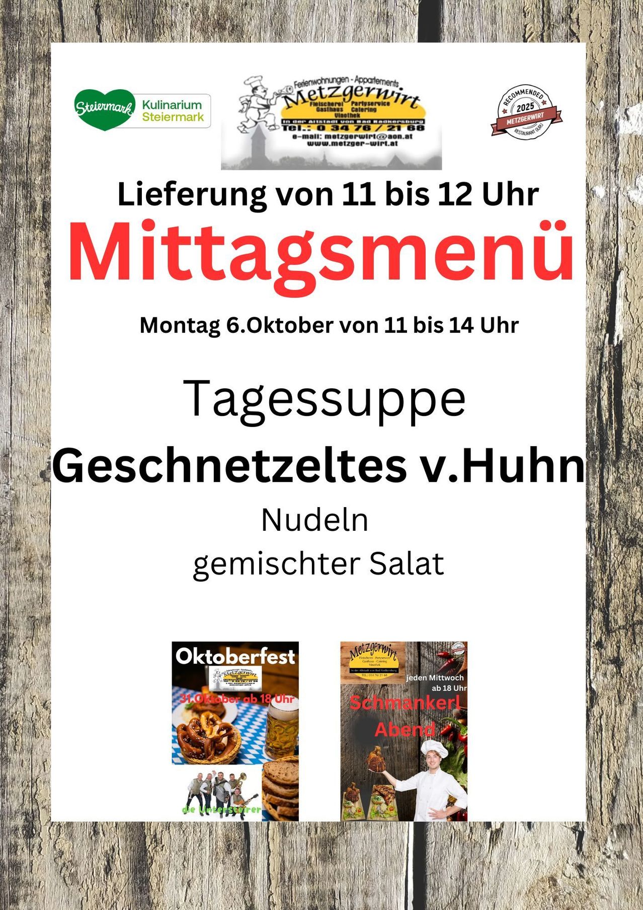 Das Bild zeigt ein Mittagsmenü für eine Lieferung am 6. Oktober. Das Menü umfasst eine Suppe, geschnittenes Huhn, Nudeln und einen gemischten Salat.