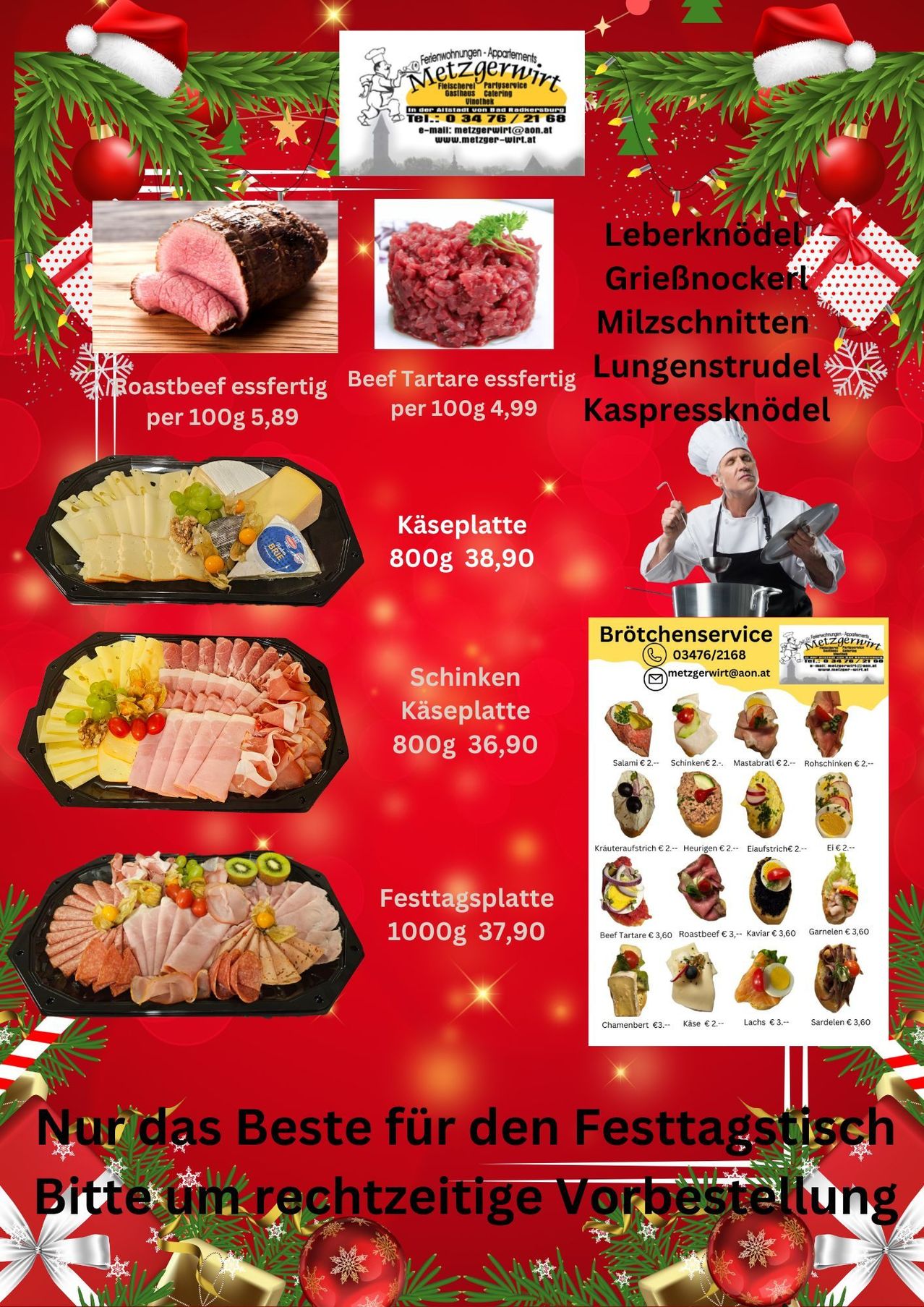 Ein Feiertagsmenü-Werbeplakat mit verschiedenen Fleischplatten und Käsesorten, zusammen mit deren Preisen. Beinhaltet Roastbeef, Beef Tartare, Käseplatten und einen Koch, der Essen zubereitet.