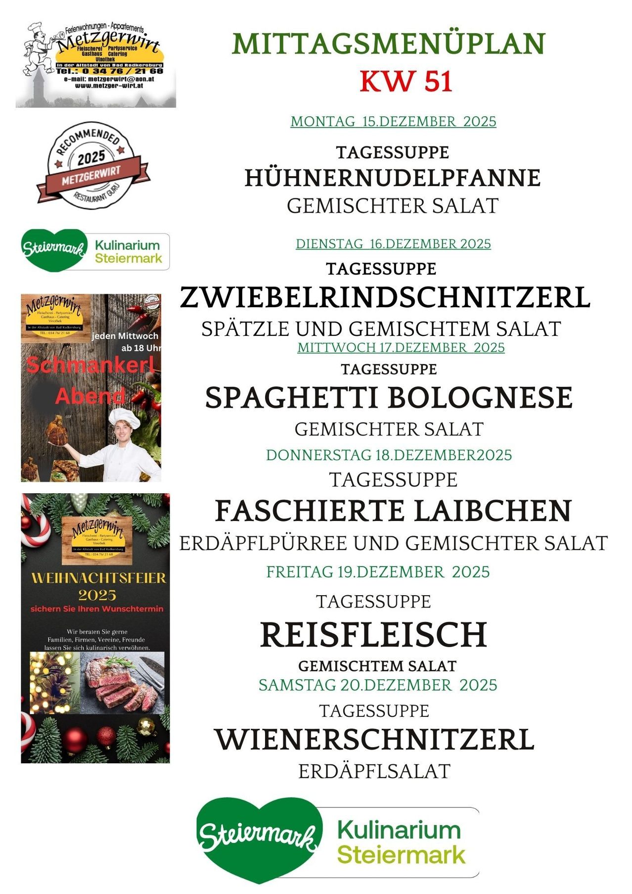 Wöchentliche Speisekarte für Dezember 2025, mit Gerichten wie Hühnernudelpfanne, Rindercarpaccio und Wiener Schnitzel. Jeden Tag gibt es eine Suppe und einen Salat. Besondere Erwähnung von Heiligabend und Weihnachten.