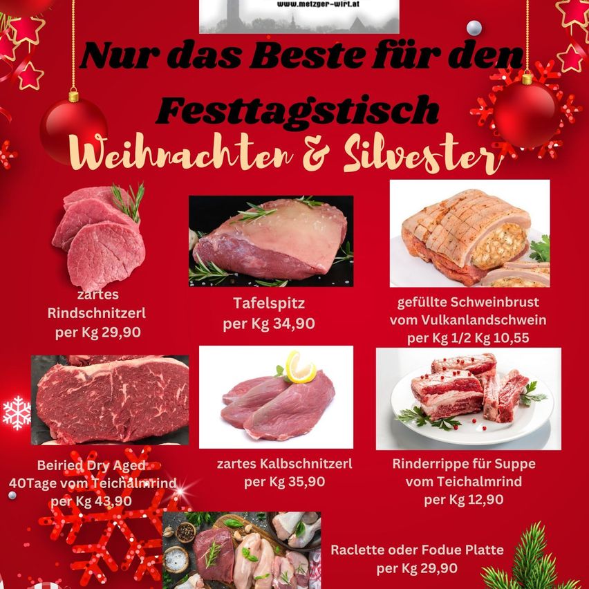 Ein Feiertagsmenü mit verschiedenen Fleischsorten für Weihnachten und Silvester. Auswahlmöglichkeiten umfassen gealtertes Rindfleisch, Tafelspitz und Rinderrippe für Suppe. Die Preise reichen von 29,90 bis 43,90 Euro pro Kilogramm.