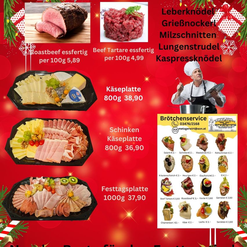 Das Bild zeigt ein festliches Speisenmenü. Es bietet drei Arten von Platten mit verschiedenen Fleischsorten, Käse und Gemüse, einschließlich einer Käseplatte, einer Schinkenplatte und einer Feiertagsplatte. Die Preise für jede Platte sind aufgeführt, und im Hintergrund bereitet ein Koch Essen zu. Das Menü umfasst Fleisch-, Käse- und Gemüseoptionen.