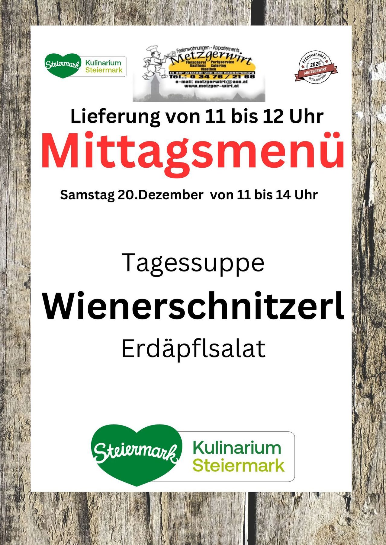Ein Flyer bewirbt ein Mittagsmenü. Die Lieferzeit ist von 11 bis 12 Uhr. Das Menü umfasst Wienerschnitzel und Erdäpfelsalat. Verfügbar am Samstag, 20. Dezember, von 11 bis 14 Uhr.