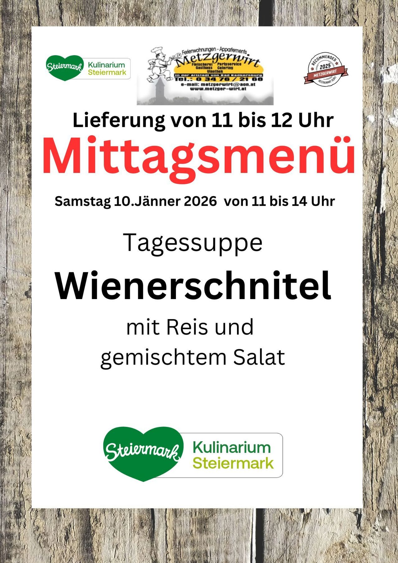 Anzeige für ein Mittagsmenü mit Lieferung von 11 bis 12 Uhr, mit Wiener Schnitzel, Reis und gemischtem Salat, gesponsert von Steirermärk Kulinarium. Lieferzeit ist von 11 bis 12 Uhr am Samstag, 10. Jänner 2026.