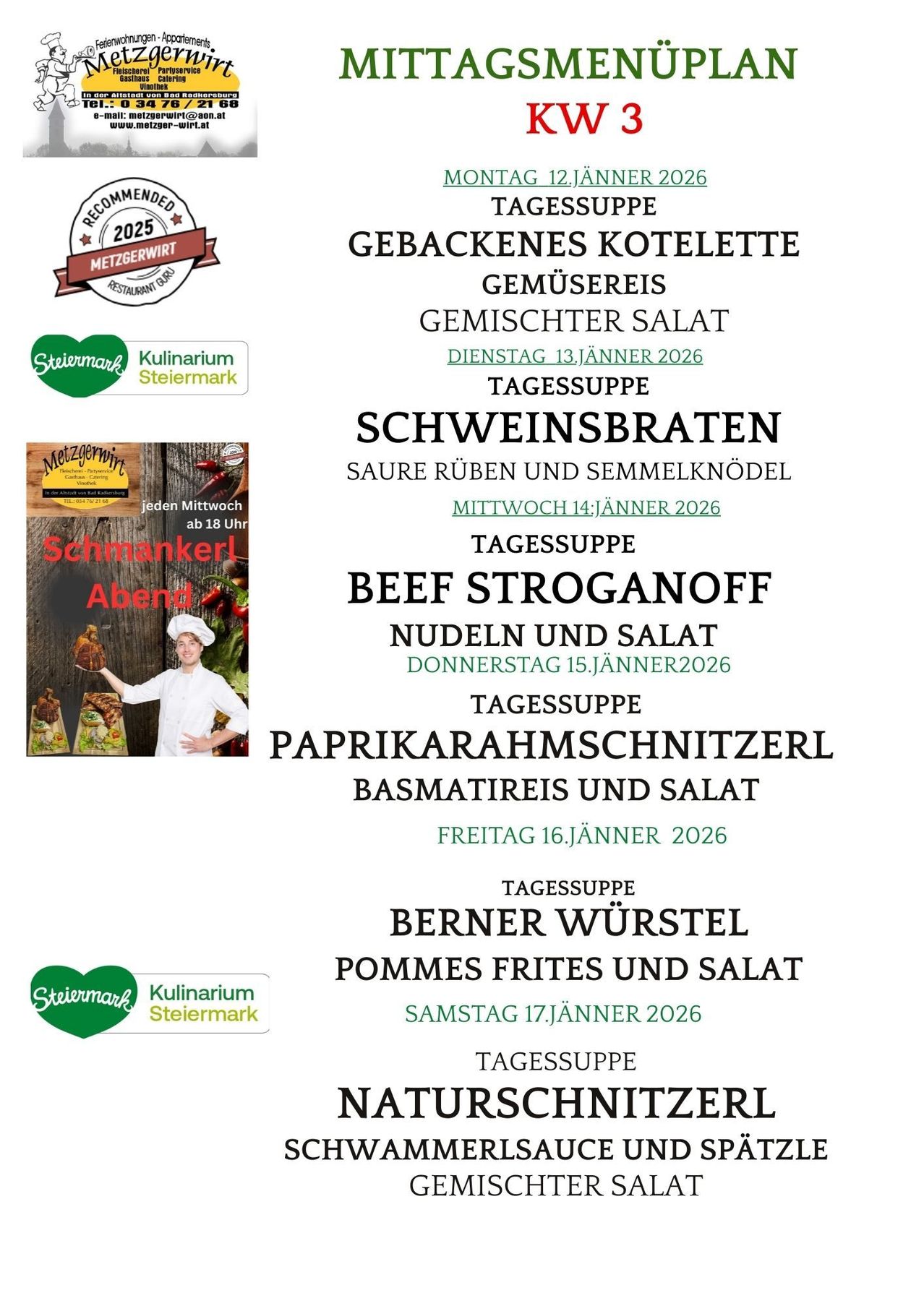 Menüposter für ein Restaurant in Österreich mit täglichen Spezialitäten ab dem 13. Januar 2026. Highlights sind gegrilltes Kotelett, Beef Stroganoff, Paprika-Schinken-Schnitzel und mehr.