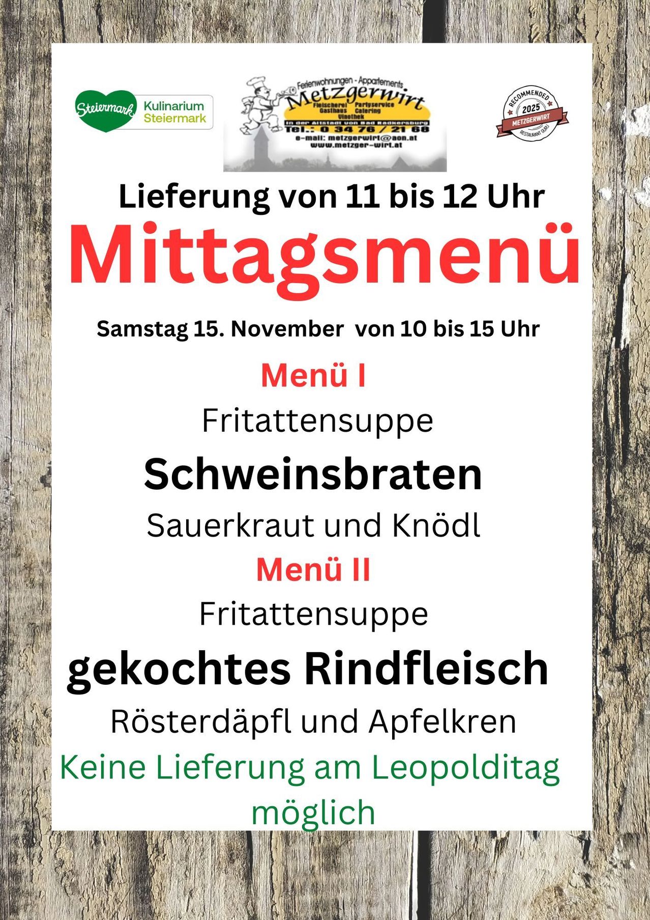 Poster advertising a lunch menu for Saturday, November 15th. Available from 10 to 15 PM. Two menu options are offered, both including fried soup. Menu I features pork chops, sauerkraut, and dumplings. Menu II features cooked beef, roasted potatoes, and apple puree. No delivery on Leopold Day.