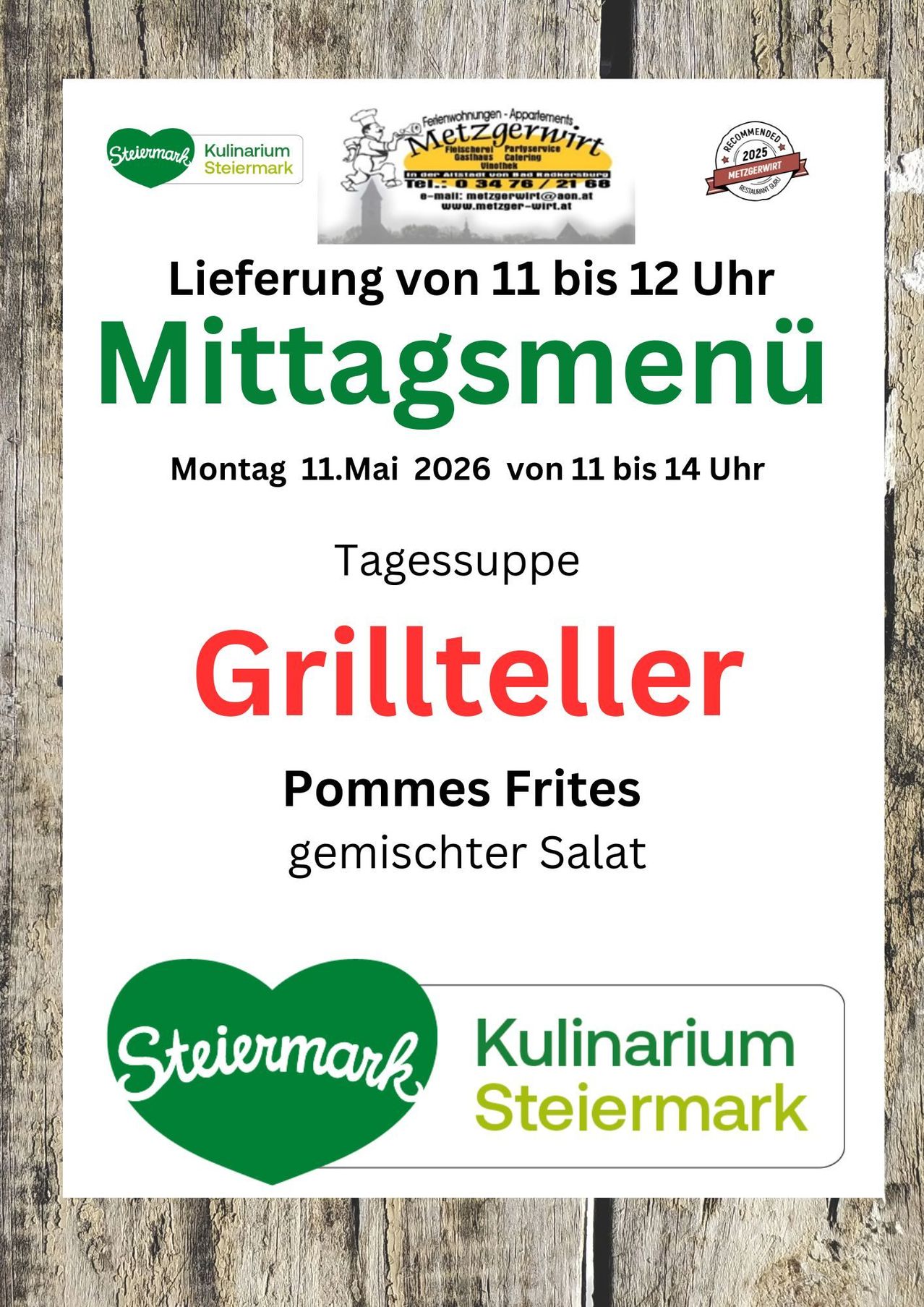 A flyer for a lunch menu on May 11, 2026, from 11 to 2 PM. It features a grilled chicken dish, pommes frites, and mixed salad. The logo for Steiermark Kulinarium is present.