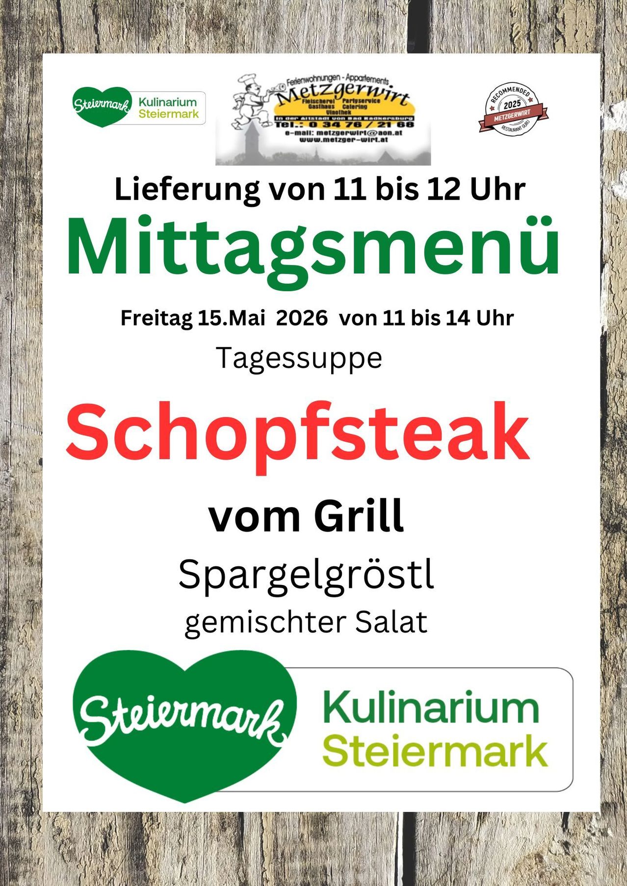 Lunch menu available on Friday, May 15, 2026, from 11 am to 2 pm. Offers Schopfsteak from the grill, asparagus, and mixed salad.