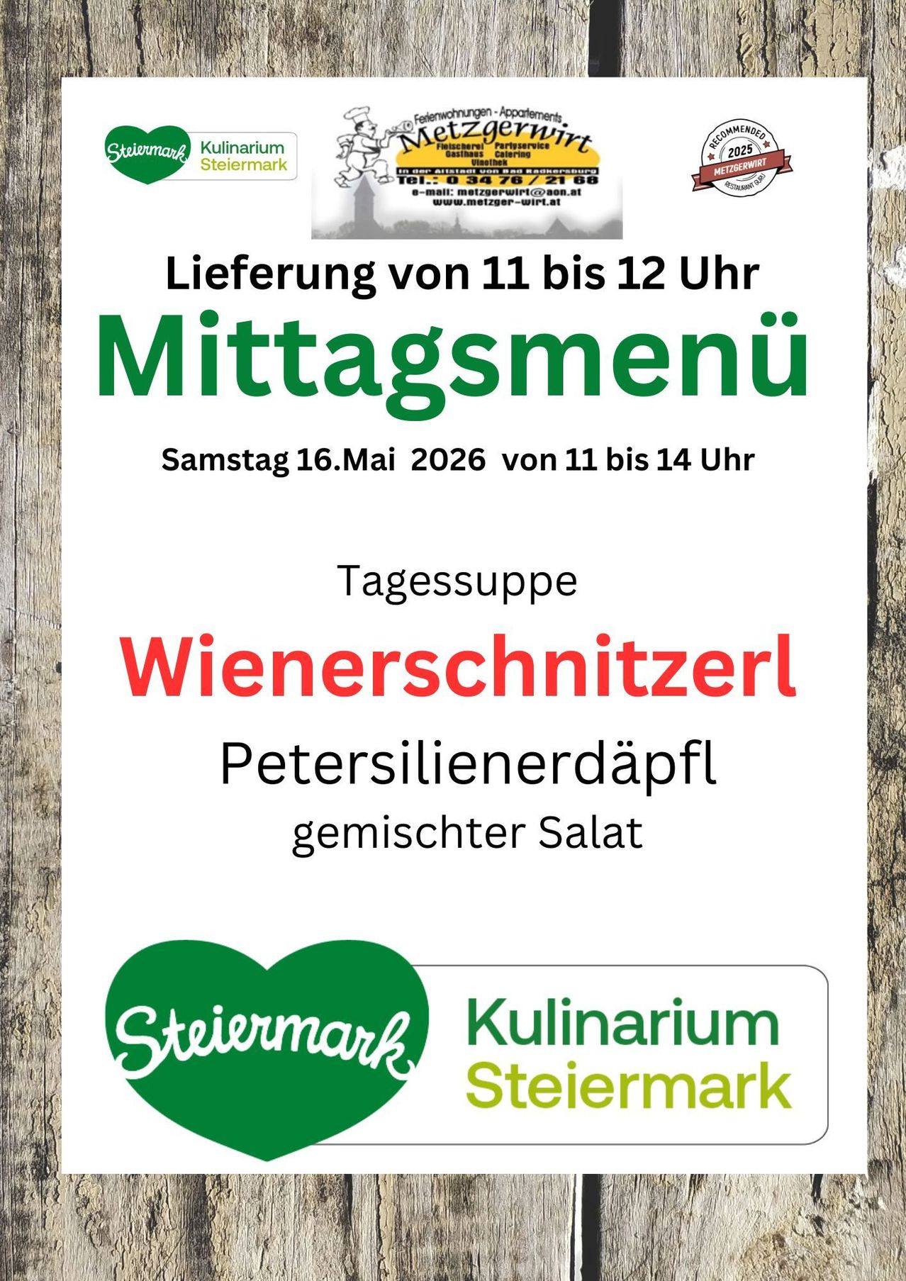 Advertisement for a lunch menu delivery service offering Wiener schnitzel, parsley dumplings, and mixed salad on May 16, 2026 from 11 to 14 hours.