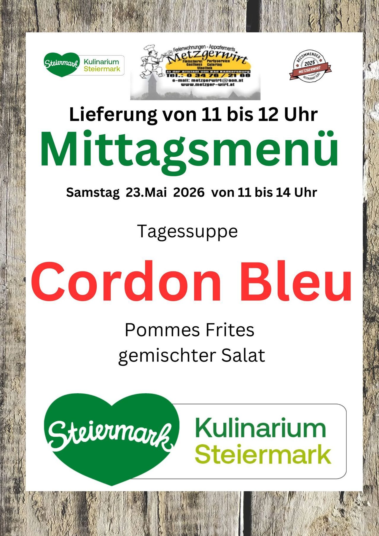 Eine Werbung für ein Mittagsmenü am Samstag, 23. Mai 2026, von 11 bis 14 Uhr. Es zeigt Cordon Bleu, Frites Pommes und gemischten Salat.
