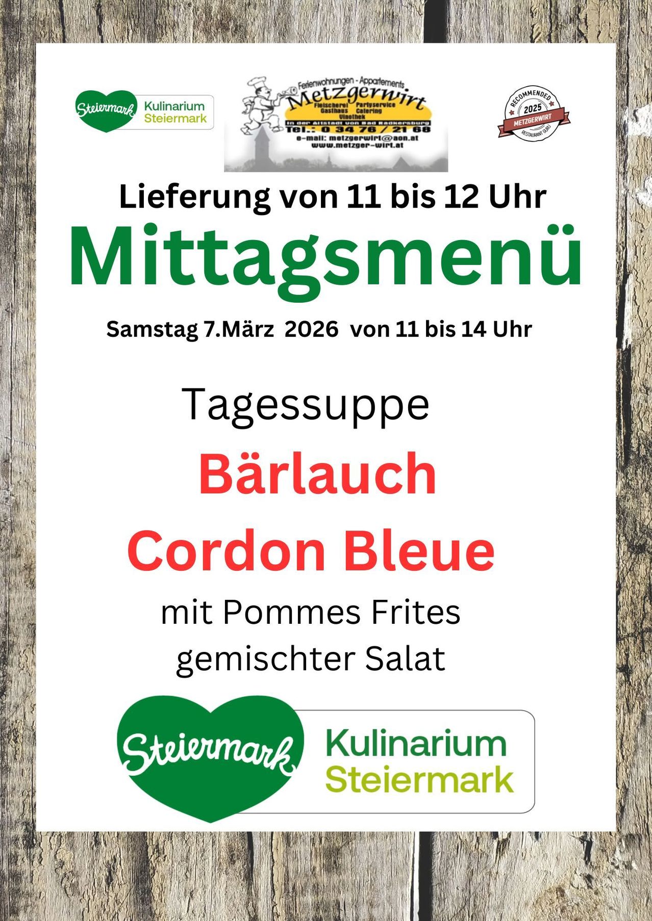 The poster advertises a lunch menu available on Saturday, March 7, 2026, from 11 AM to 2 PM. The featured dish is Barlauch Cordon Bleu with fried potatoes and mixed salad. The poster includes logos for Steiermark and Kulinarium Steiermark.