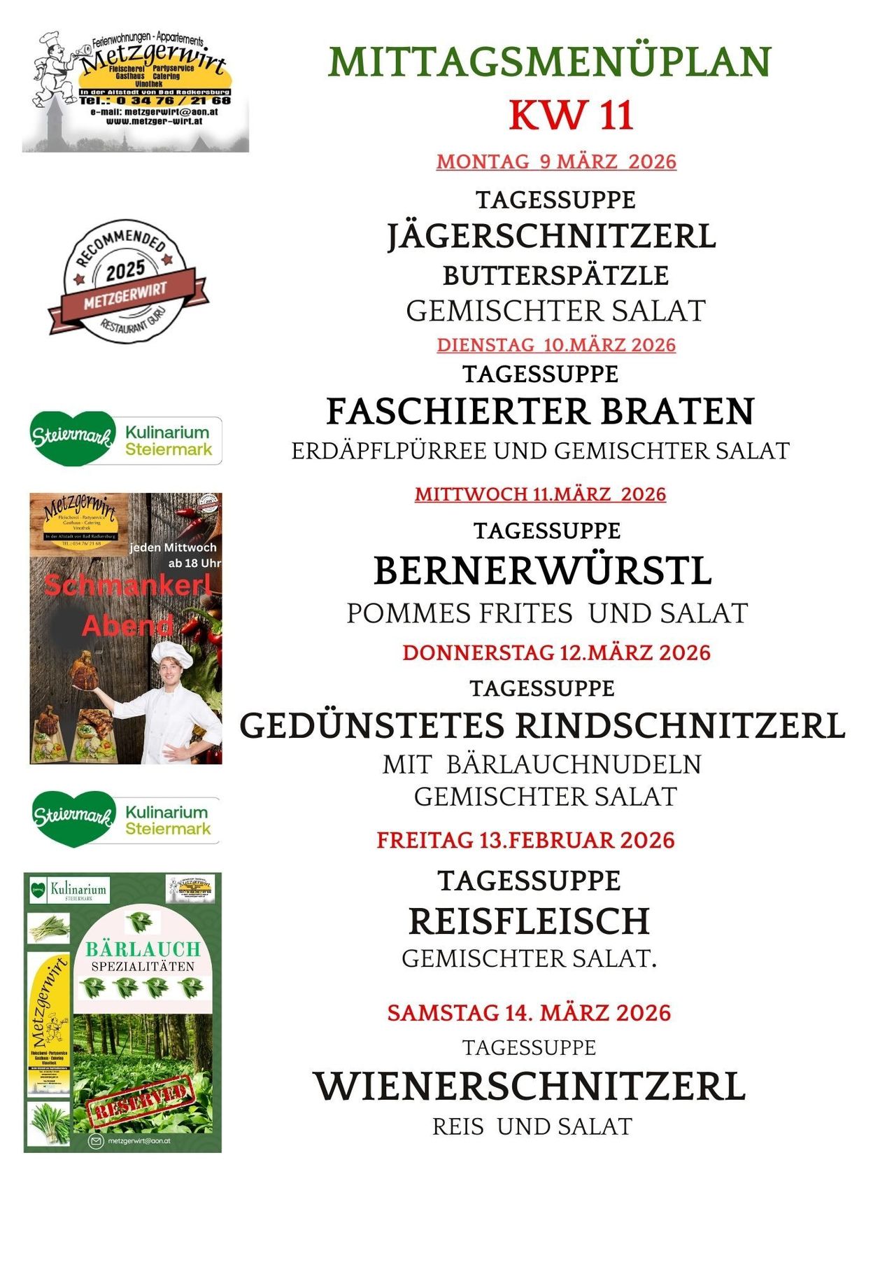 Menu highlights for the week: 10th March, 11th March, 12th March, 13th February, 14th March 2026. Dishes include hunter's platter, earth pea puree, fried potatoes, beef, and more. Each day features a soup.