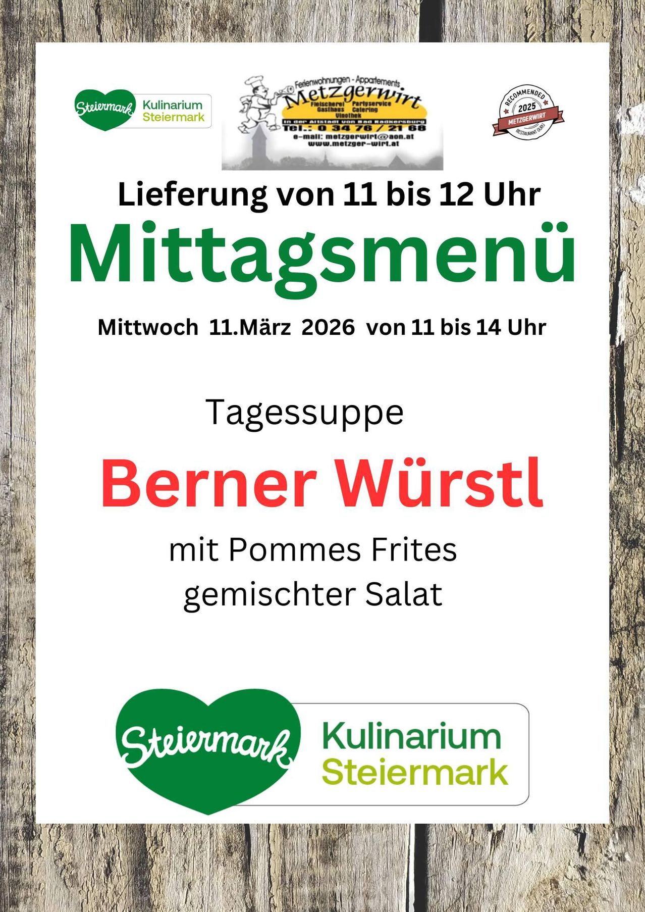 Midday menu delivery on Wednesday, March 11, 2026, from 11 to 14 hours. Day soup Berner Wurstl with fried potatoes and mixed salad.