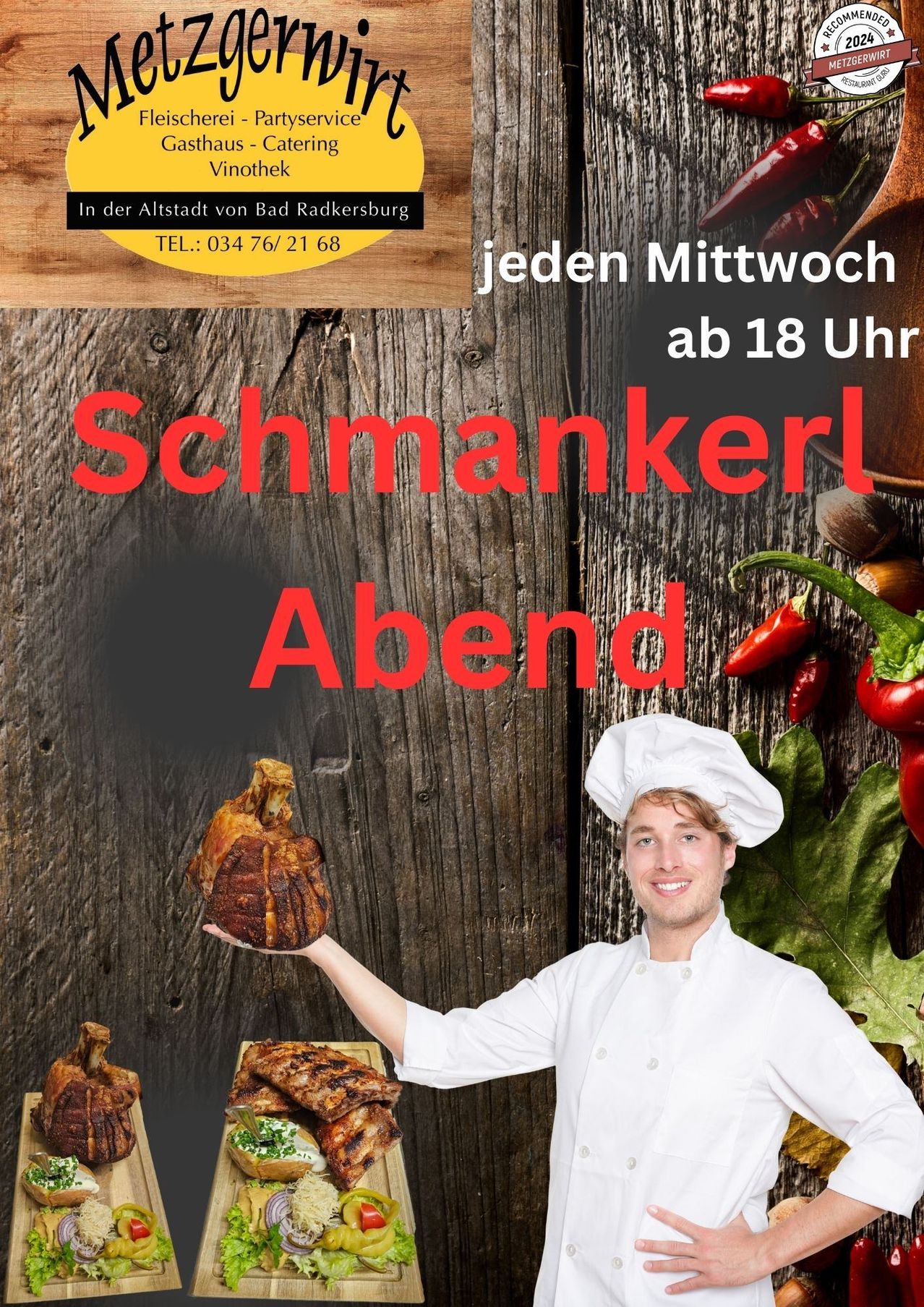A poster advertises a 'Schmankerl Abend' every Wednesday starting at 6 PM in the old town of Bad Radkersburg. A chef holds a roasted piece of meat.