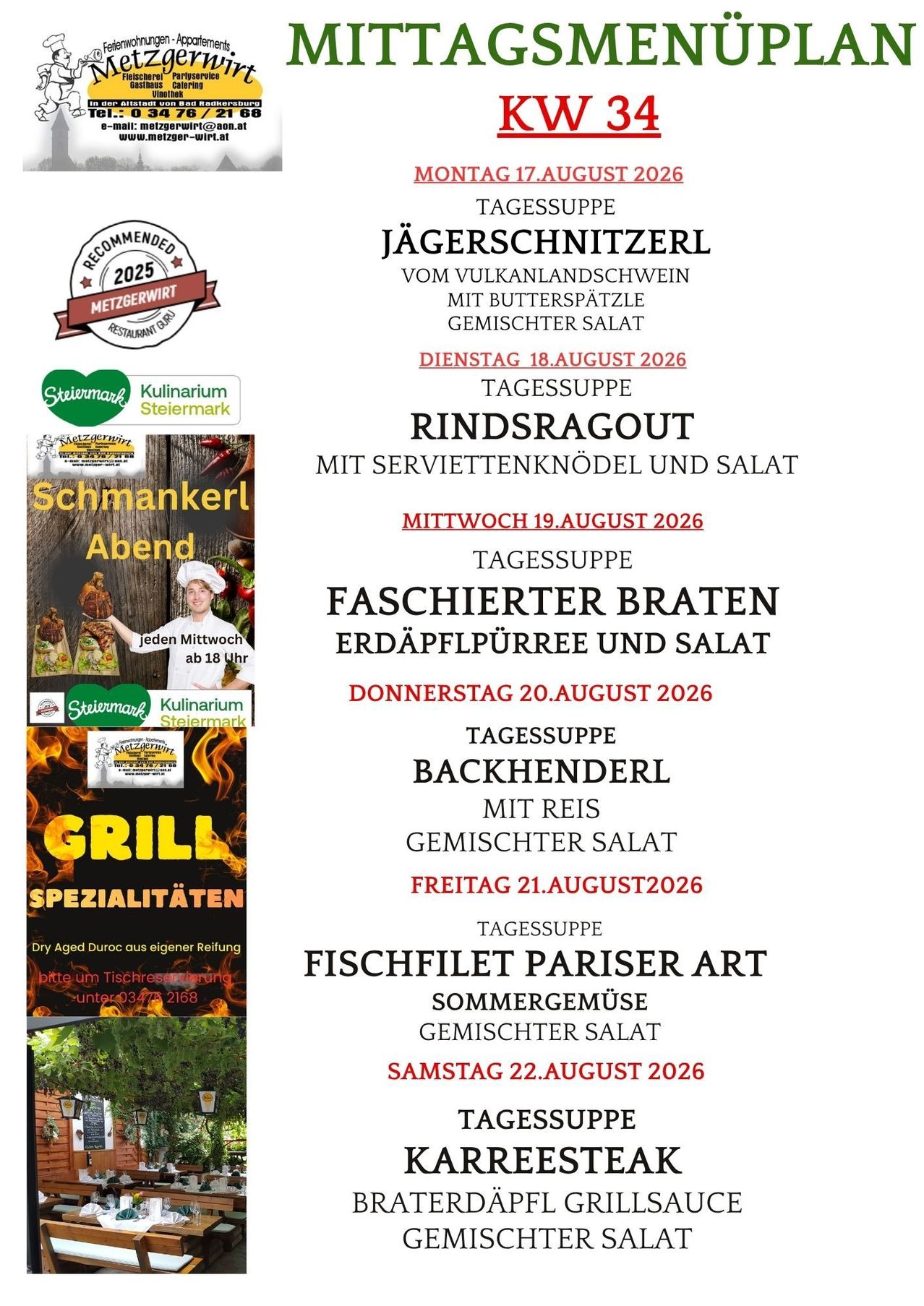 A restaurant menu for the week of August 18-22, 2026, featuring daily specials such as beef schnitzel, beef goulash, and fish fillet. Each day has a different main dish and salad.