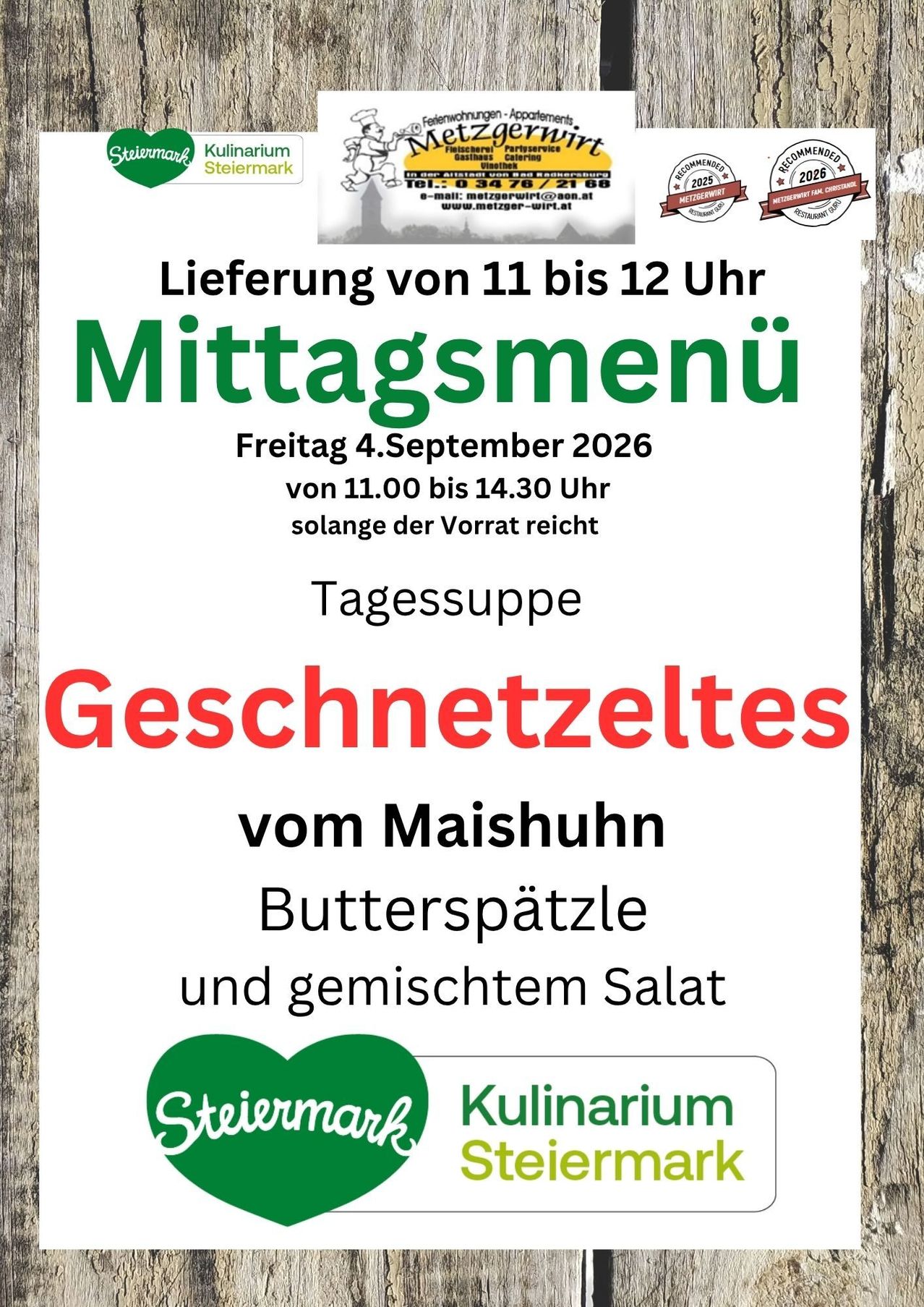 Ein Plakat bewirbt ein Mittagsmenü für Freitag, den 4. September 2026, von 11:00 bis 14:30 Uhr, mit einem Gericht namens 'Geschnitzeltes' mit Butter und gemischtem Salat.