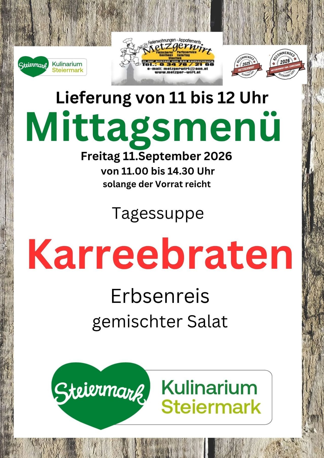 A poster advertising a midday menu featuring Karreebraten and mixed salad, available on Friday, September 11, 2026, from 11:00 to 14:30.