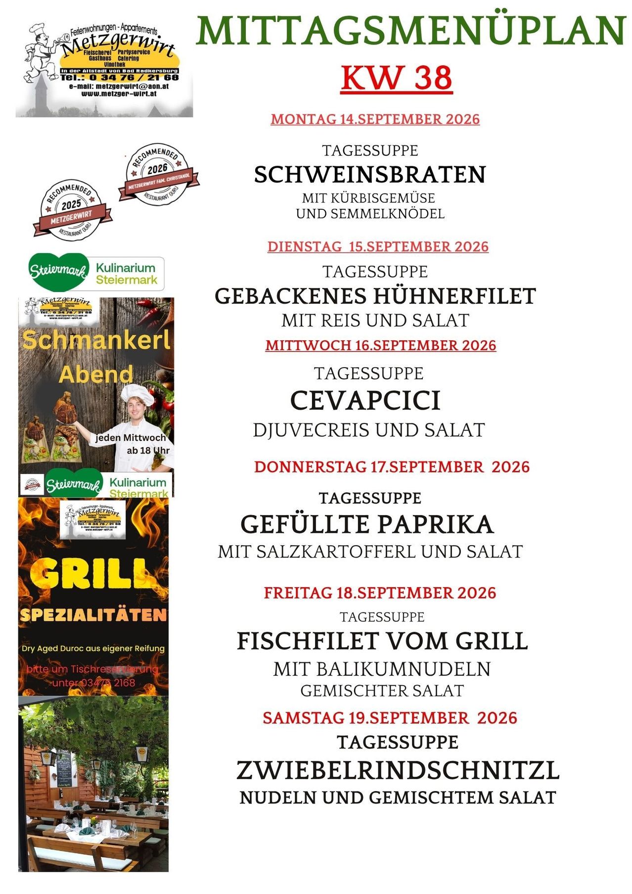 Wöchentliche Speisekarte eines Restaurants im September 2026 mit Gerichten wie Schweinebraten, gegrilltem Fisch und gefüllter Paprika. Jedes Gericht wird mit Salat serviert. Die Speisekarte enthält ein Foto des Kochs und ein Empfehlungssiegel.