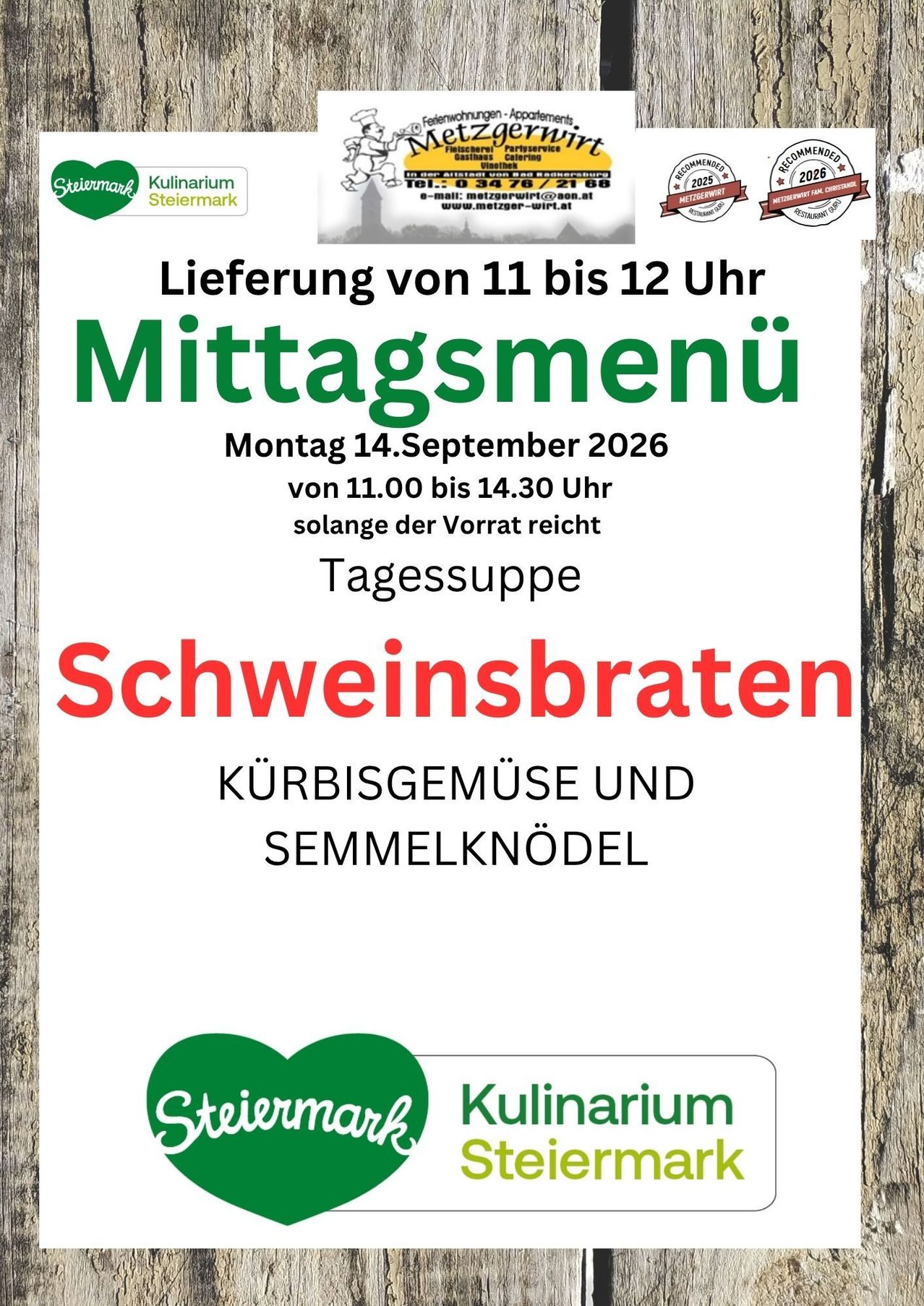 Werbung für ein Mittagsmenü am 14. September 2026 mit Schweinebraten, Kürbisgemüse und Semmelknödeln. Verfügbar von 11:00 bis 14:30 Uhr, solange der Vorrat reicht.