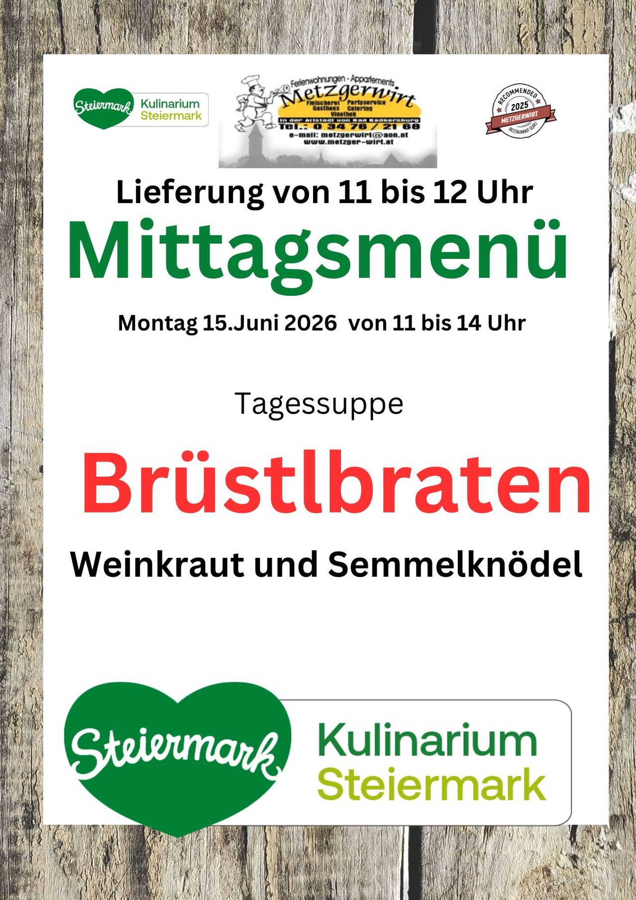 Plakat für das Mittagsmenü am 15. Juni 2026 von 11 bis 14 Uhr. Es zeigt ein Brustbraten, Weinkraut und Semmelknödel.