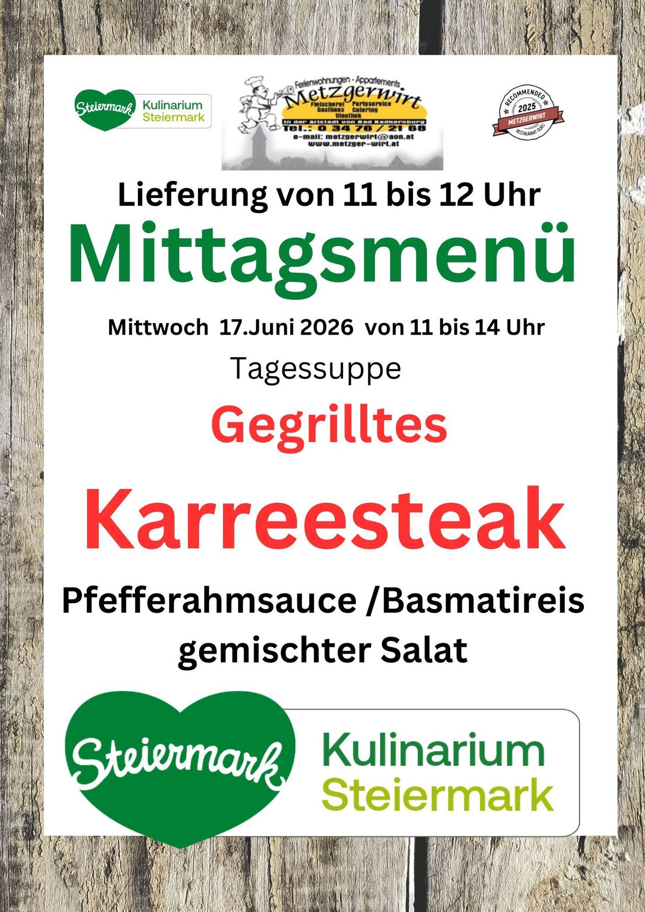 Menu poster for a steakhouse. It is for Wednesday, June 17, 2026. Delivery time is 11:00 to 12:00. The meal is grilled karree steak with pepper sauce, basmati rice, and a mixed salad.