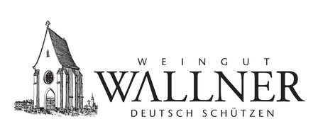 Ein Weinetikett mit dem Wort Wein Wallner und einer Schlosssilhouette in der Ecke.