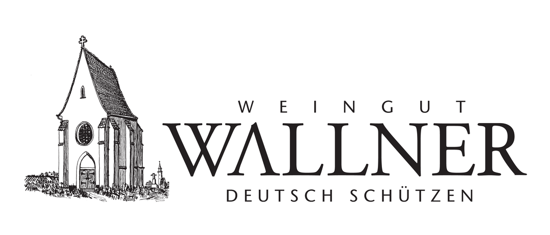 Ein Weinetikett mit dem Wort Wein Wallner und einer Schlosssilhouette in der Ecke.