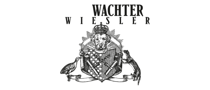 Schwarzer Hintergrund mit weißem Text, der 'WACHTER WIE SLER' über einem stilisierten Wappenschild mit Krone und verschiedenen Symbolen steht.