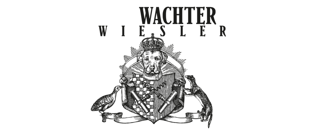 Schwarzer Hintergrund mit weißem Text, der 'WACHTER WIE SLER' über einem stilisierten Wappenschild mit Krone und verschiedenen Symbolen steht.