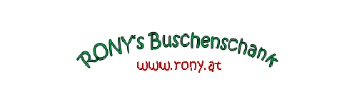 Logo für Rony's Buschenschank mit dem Text 'Rony's Buschenschank' in Grün und der Website 'www.rony.at' darunter in Rot.