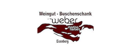 A wine logo for 'Weingut Busschenk' features a stylized red hand holding a wine glass with 'weber' written in bold and 'marino herbert' underneath, set against a black background.