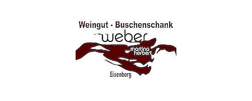 Ein Weinlogo für 'Weingut Busschenk' zeigt eine stilisierte rote Hand, die ein Weinglas hält, mit 'weber' in fetter Schrift und 'marino herbert' darunter, vor schwarzem Hintergrund.