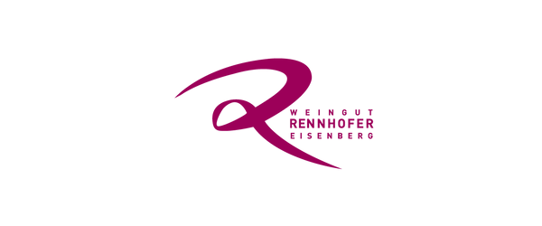 Ein lila kursives 'R'-Logo mit dem Text 'WEINOUT RENNHOEFER EUSENBERG' in Weiß darunter auf schwarzem Hintergrund.