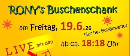 Ein Plakat für eine Sonnenwendefeier in Ronys Buschenschank am 19. Juni 2026. Live-Musik von Schockgas. Nur bei schönem Wetter. Essen und Getränke sind vorhanden.